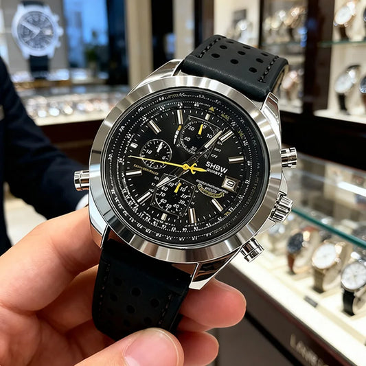 SHBW Luxury Elegant Men Quartz Watch - Trendy Chronograph Dial, Luminous Hands Calendar Waterproof Function Stainless Steel Band