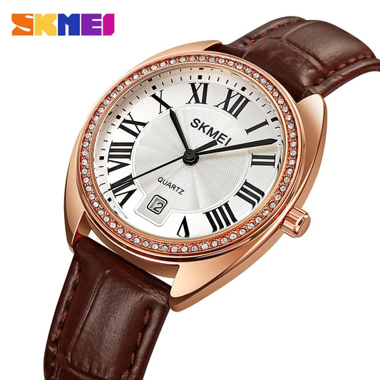 SKMEI Women's Luxury Quartz Ladies Wristwatch Simple Genuine Leather Strap Waterproof Women Watches Date Relogio Feminino