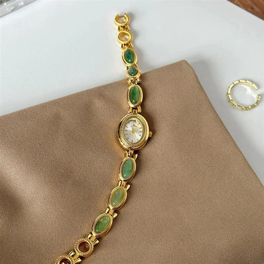 Women's Gold Watch Vintage Brown Jade Bracelet Small Dial Quartz Daily Wear Party Clock Luxury Waterproof Ladies Watches Gifts