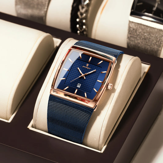 POEDAGAR Top Original Men Watch Waterproof Luminous Date Rectangle Man Wristwatch Mesh Stainless Steel Men's Quartz Watches Male