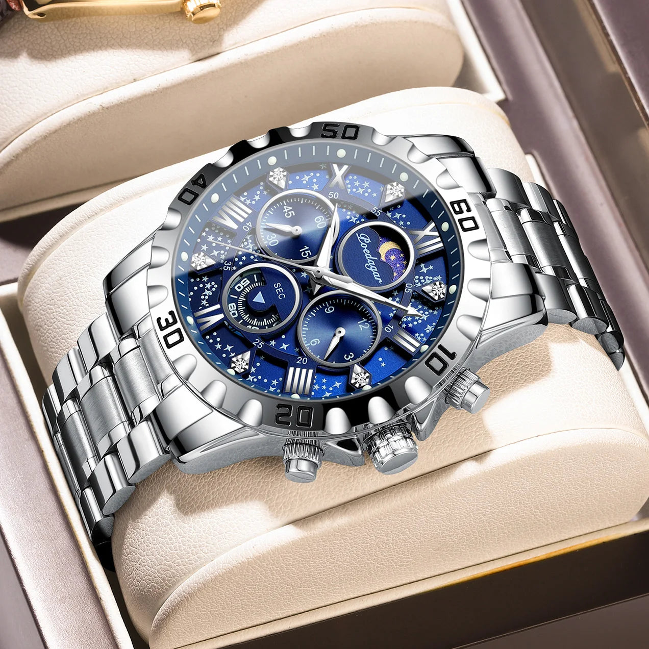 POEDAGAR Fashion Business Man Wristwatch Waterproof Luminous Chronograph Men Watch Stainless Steel Military Quartz Men's Watches