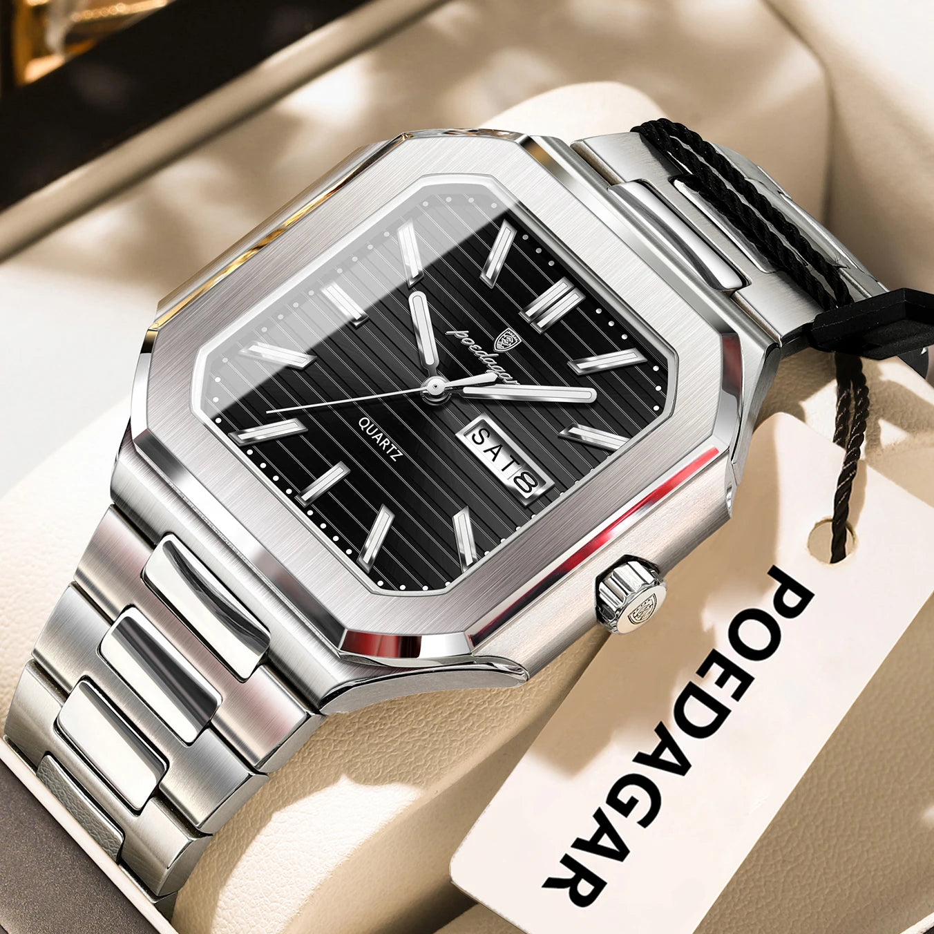 POEDAGAR Luxury Square Fashion Man Wristwatch Waterproof Luminous Date Week Quartz Men's Watches Stainless Steel Men Watch Reloj