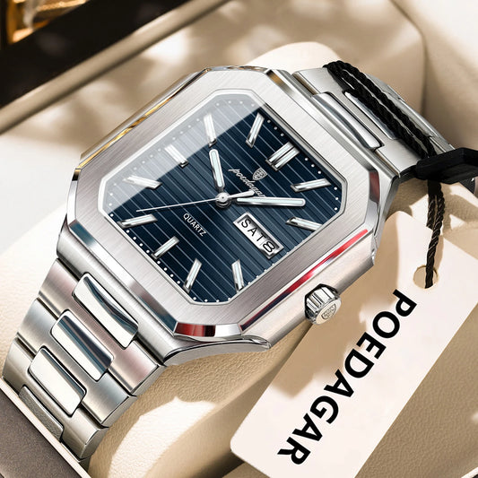 POEDAGAR Luxury Square Fashion Man Wristwatch Waterproof Luminous Date Week Quartz Men's Watches Stainless Steel Men Watch Reloj